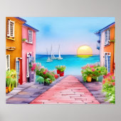 Badeort Sunset Watercolor Poster (Vorne)