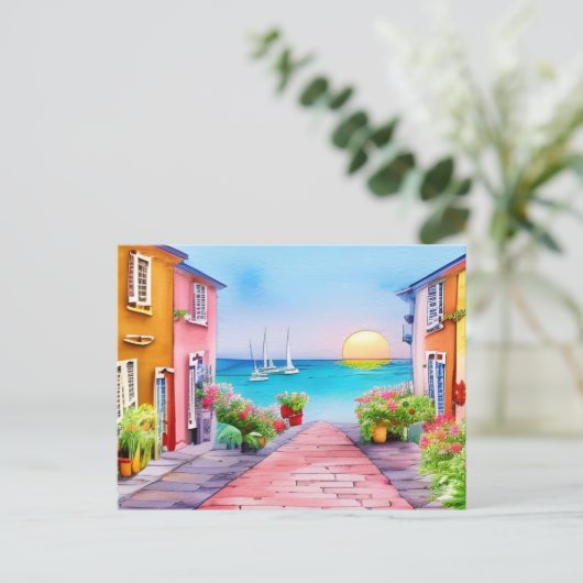 Badeort Sunset Watercolor Postkarte (Stehend Vorderseite)