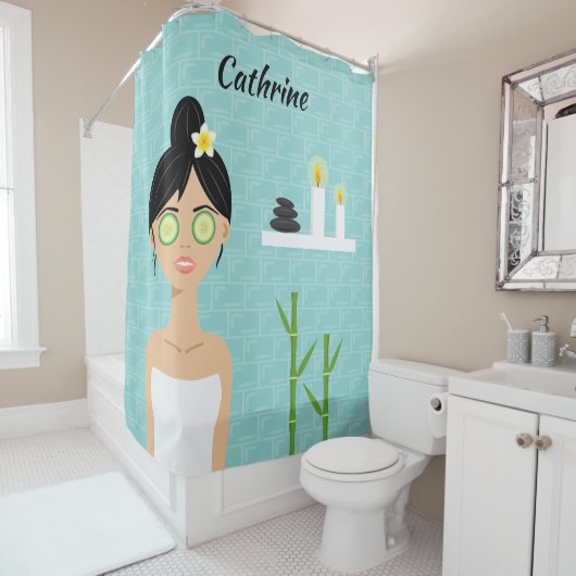 Badewanne Wellness-Center Frau Illustration & Name Duschvorhang (Beispiel)