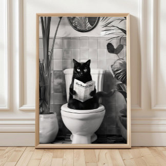 Badezimmer-Katze Druck lesen auf Toilette Schwarz  Poster