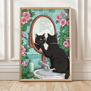 Badezimmer Schwarze Katze im Spiegel Druck, Lustig Poster