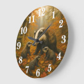 Badger family in autumn woods große wanduhr (Winkel)
