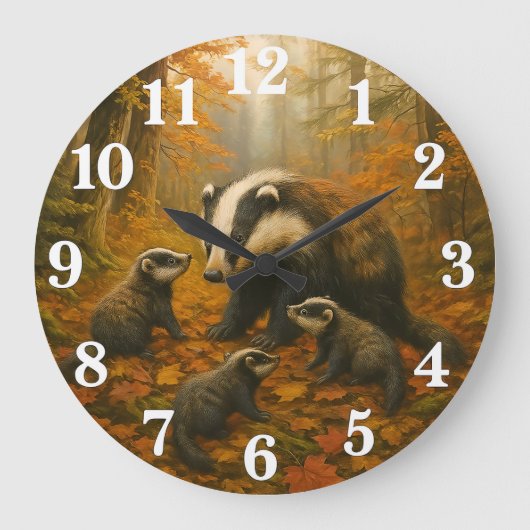 Badger family in autumn woods große wanduhr (Vorderseite)