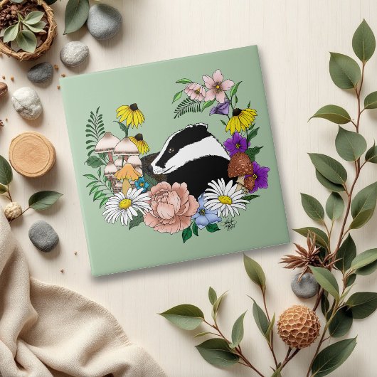 Badger Wild Blume Mushrooms Green Fliese