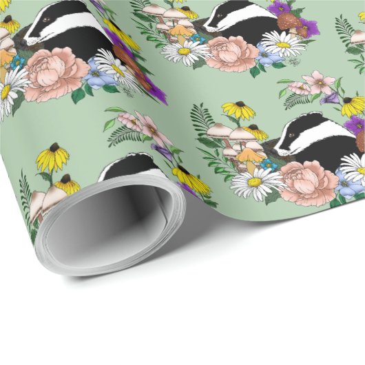 Badger Wild Blume Mushrooms Green Geschenkpapier (Rolleneckpunkt)