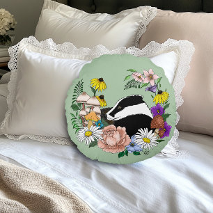 Badger Wild Blume Mushrooms Green Rundes Kissen