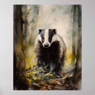 Badger Woodland Animal Art Print Poster