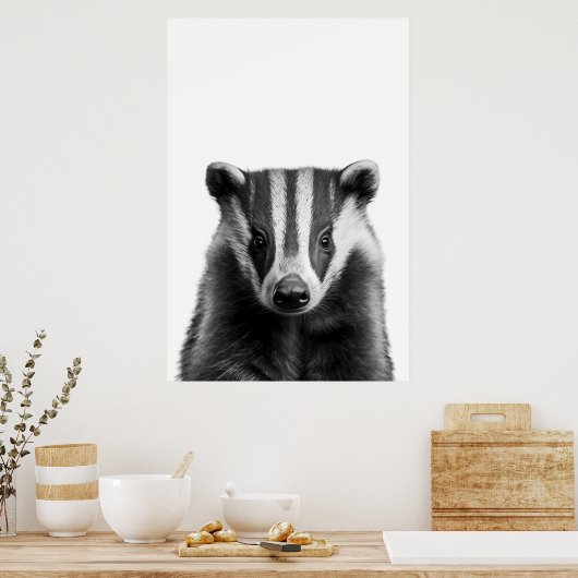 Badger Woodland Modernes Portrait Schwarz-weiß Poster (Küche)