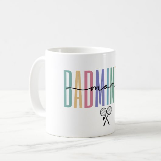 Badminton Mama farbenfroh Kaffeetasse (Vorderseite Links)