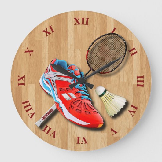 Badminton Shoe Racket Shuttlecock With Your Name Große Wanduhr (Vorderseite)