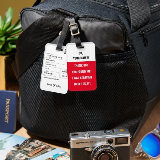 BAG TAG -<Custom name>Ich werde schwindelig! Gepäckanhänger (Vorderseite & Rückseite)