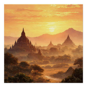 Bagan Myanmar Trockene Wüste Mit Tempeln Vintage  Poster