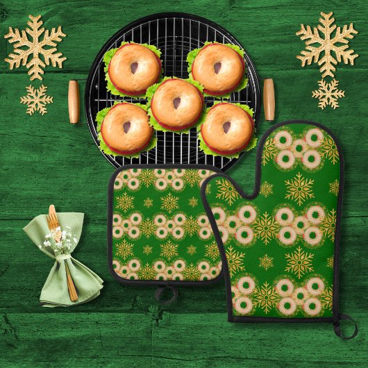 Bagel-Ringe und hübsche Schneeflocken grün Ofenhandschuh & Topflappen-Set