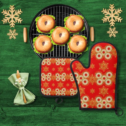 Bagel-Ringe und hübsche Schneeflocken rot Ofenhandschuh & Topflappen-Set