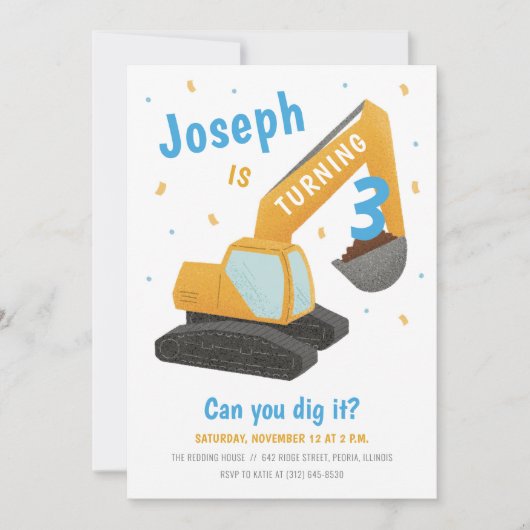 Baggerbau Blauer Kindergeburtstag Party Einladung (Vorderseite)