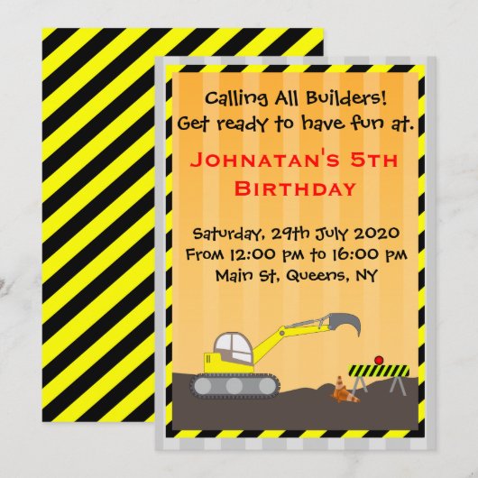 Baggerbau Geburtstagseinladung Einladung (Vorne/Hinten)