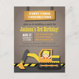 Baggerbau Thema Kindergeburtstag Party Einladung