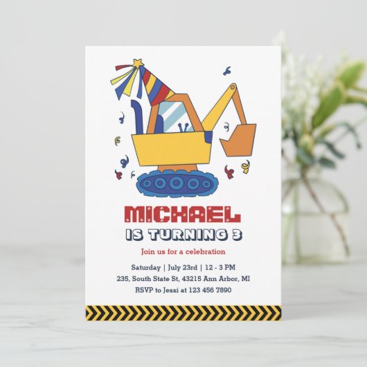 Baggerbauer Kinderwagen Geburtstag Einladung (Stehend Vorderseite)