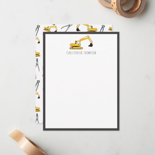 Baggerbauwagen Werkzeuge für Kinder Mitteilungskarte (Vorderseite/Rückseite Beispiel)