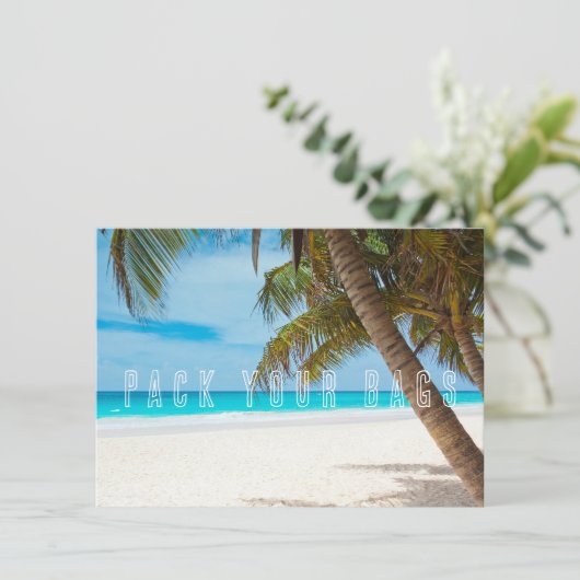 Bags-Hochzeit in Urlaubsort Save the Date packen (Stehend Vorderseite)