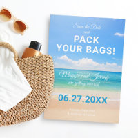 Bags-Hochzeit in Urlaubsort Save the Date packen