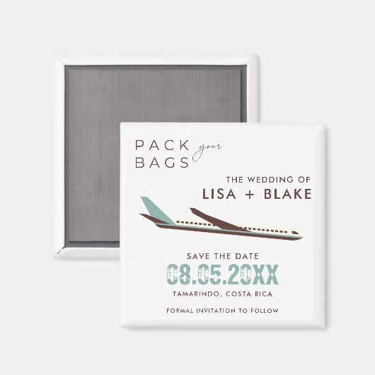 Bags-Hochzeit in Urlaubsort Save the Date packen Magnet (Vorderseite/Rückseite)