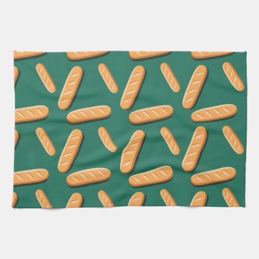 Baguette-Brotmuster auf grünem Hintergrund Geschirrtuch (Horizontal)