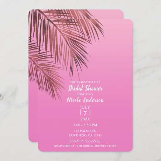 Bahama Breeze Bronze Palm Pink Brautparty Einladung (Vorne/Hinten)