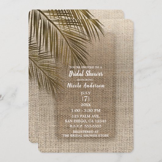 Bahama Breeze Bronze Palm Rustic Burlap Bridal Einladung (Vorne/Hinten)