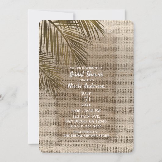 Bahama Breeze Bronze Palm Rustic Burlap Bridal Einladung (Vorderseite)