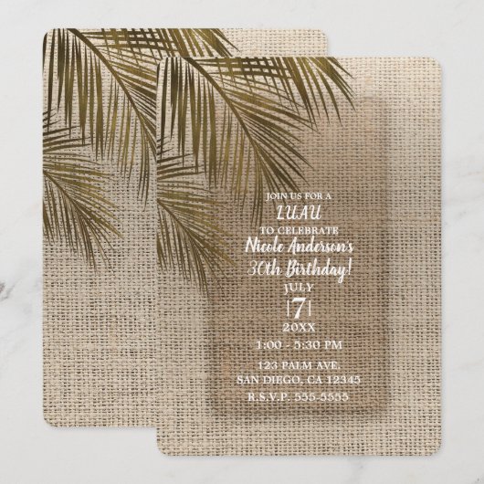 Bahama Breeze Bronze Palm Rustic Burlap Party Einladung (Vorne/Hinten)