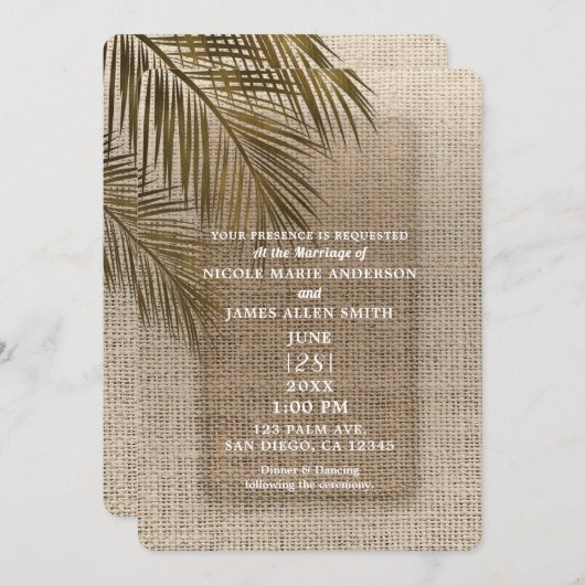 Bahama Breeze Bronze Palm Rustic Burlap Wedding Einladung (Vorne/Hinten)