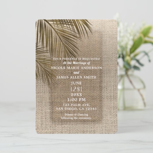 Bahama Breeze Bronze Palm Rustic Burlap Wedding Einladung (Stehend Vorderseite)