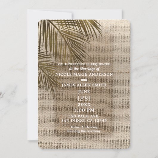 Bahama Breeze Bronze Palm Rustic Burlap Wedding Einladung (Vorderseite)