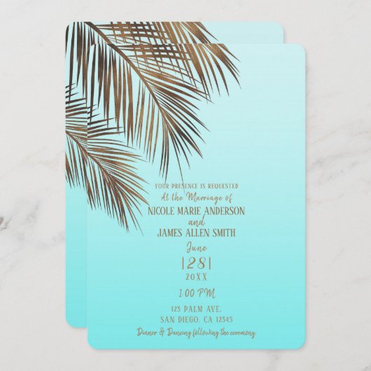 Bahama Breeze Copper Palm Aqua Sea Blue Wedding Einladung (Vorne/Hinten)