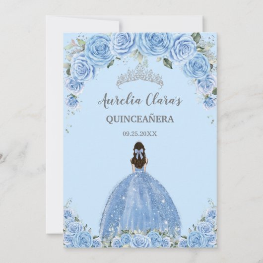 Bahama Sky Blue Floral Dress Silver Quinceañera Einladung (Rückseite)