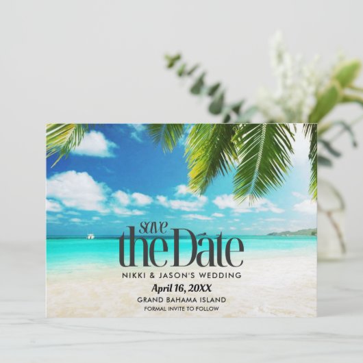 Bahamas Beach Hochzeit in Urlaubsort Save the Date (Stehend Vorderseite)