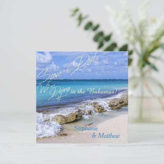 BAHAMAS BEACH SHORE Wedding Save the Date (Stehend Vorderseite)