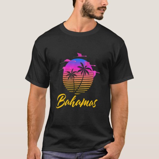 Bahamas Caribbean Retro Sunset Palm Tree Flamingo T-Shirt (Vorderseite)