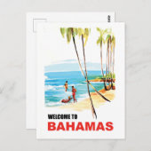 Bahamas, junge Leute am Strand und Palmen Postkarte (Vorne/Hinten)