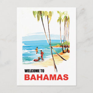 Bahamas, junge Leute am Strand und Palmen Postkarte