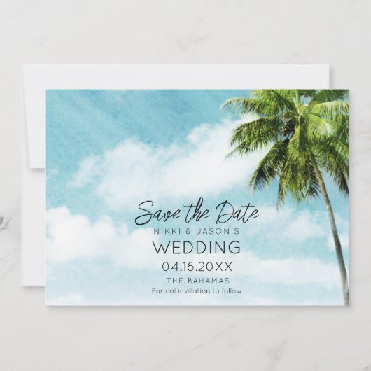 Bahamas Palm Tree Beach Wedding Save The Date (Vorderseite)