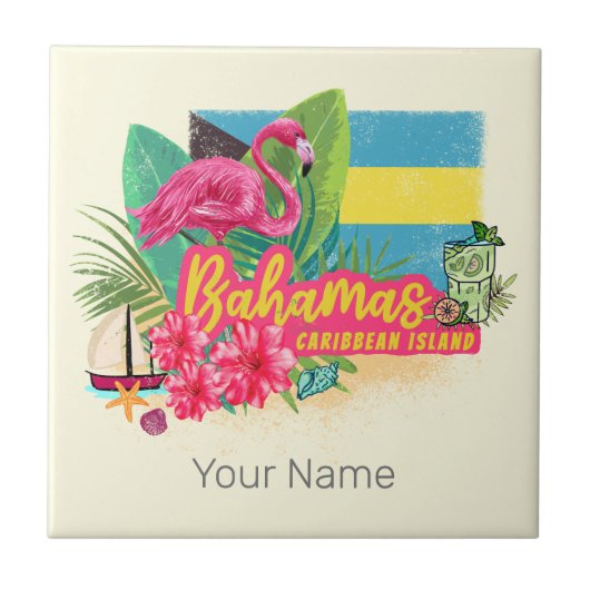 Bahamas Retro-Karibikinsel Flamingo Vintag Fliese (Vorderseite)