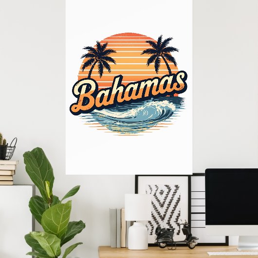Bahamas Retro Sunset Palm Trees Design Poster (Heimbüro)