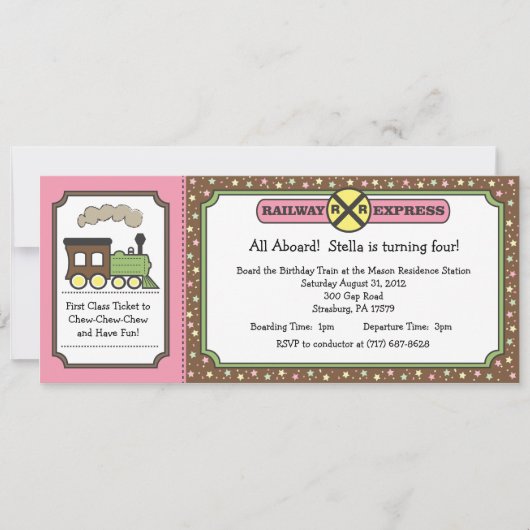 Bahnfahrkarte laden - Rosa u. Brown ein Einladung (Vorderseite)