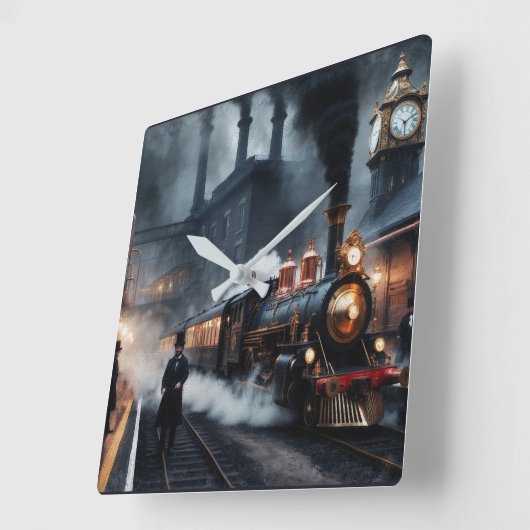 Bahnhof Steampunk Quadratische Wanduhr (Winkel)