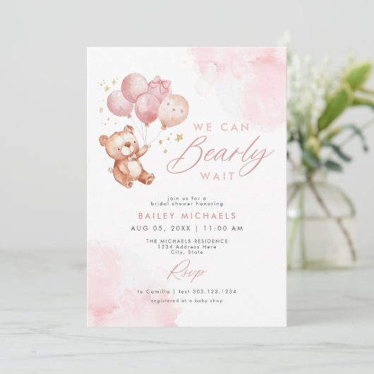 BAILEY Pink Bearly Wait Teddy Bear Baby Dusche Einladung (Stehend Vorderseite)