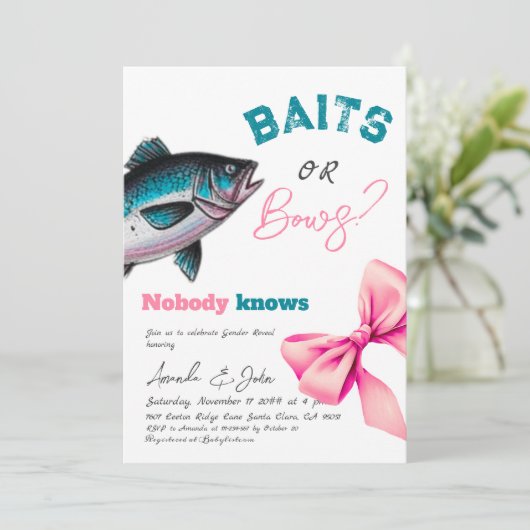 Baits oder Bows Blau oder Rosa Fishing-Gender-Offe Einladung (Stehend Vorderseite)