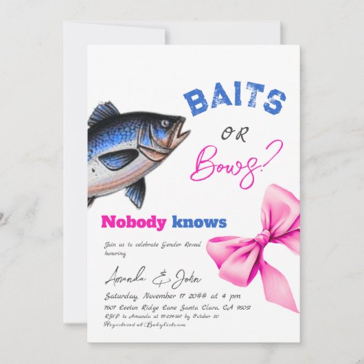 Baits oder Bows Blau oder Rosa Fishing-Gender-Offe Einladung (Vorderseite)