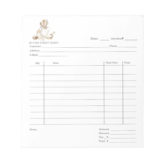 Bakers Tools Dessert Cater Invoice Pad Notizblock (Vorderseite)